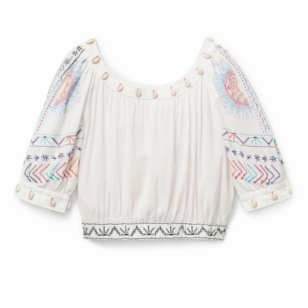 Desigual Cropped Sea Shell Top Three Quarter Length Sleeve Medium Linen Blend